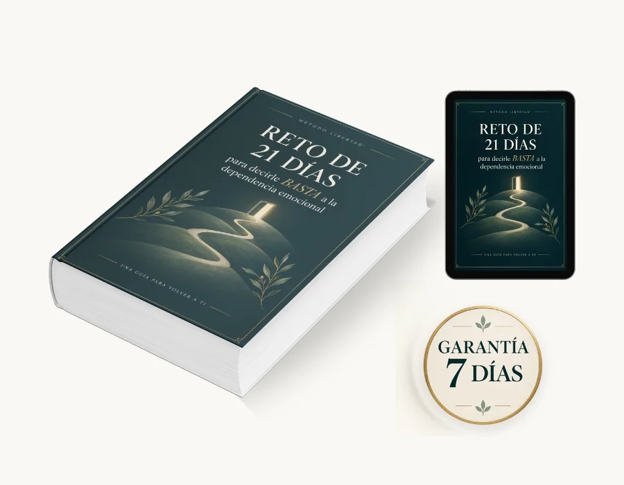 Libro y tableta con la portada del Reto de 21 Días para Decirle BASTA a la Dependencia Emocional, junto a un sello de garantía de 7 días